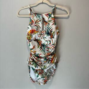 NWOT Ellen Tracy Tropical Palm Print One-Piece Swimsuit Drapery Front Wht Size 8
